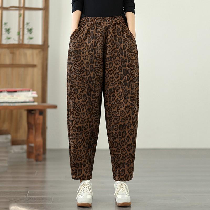 Plus Size Cotton Vintage Leopard High Waist Casual Loose Spring Autumn Harem Pants Women Trousers
