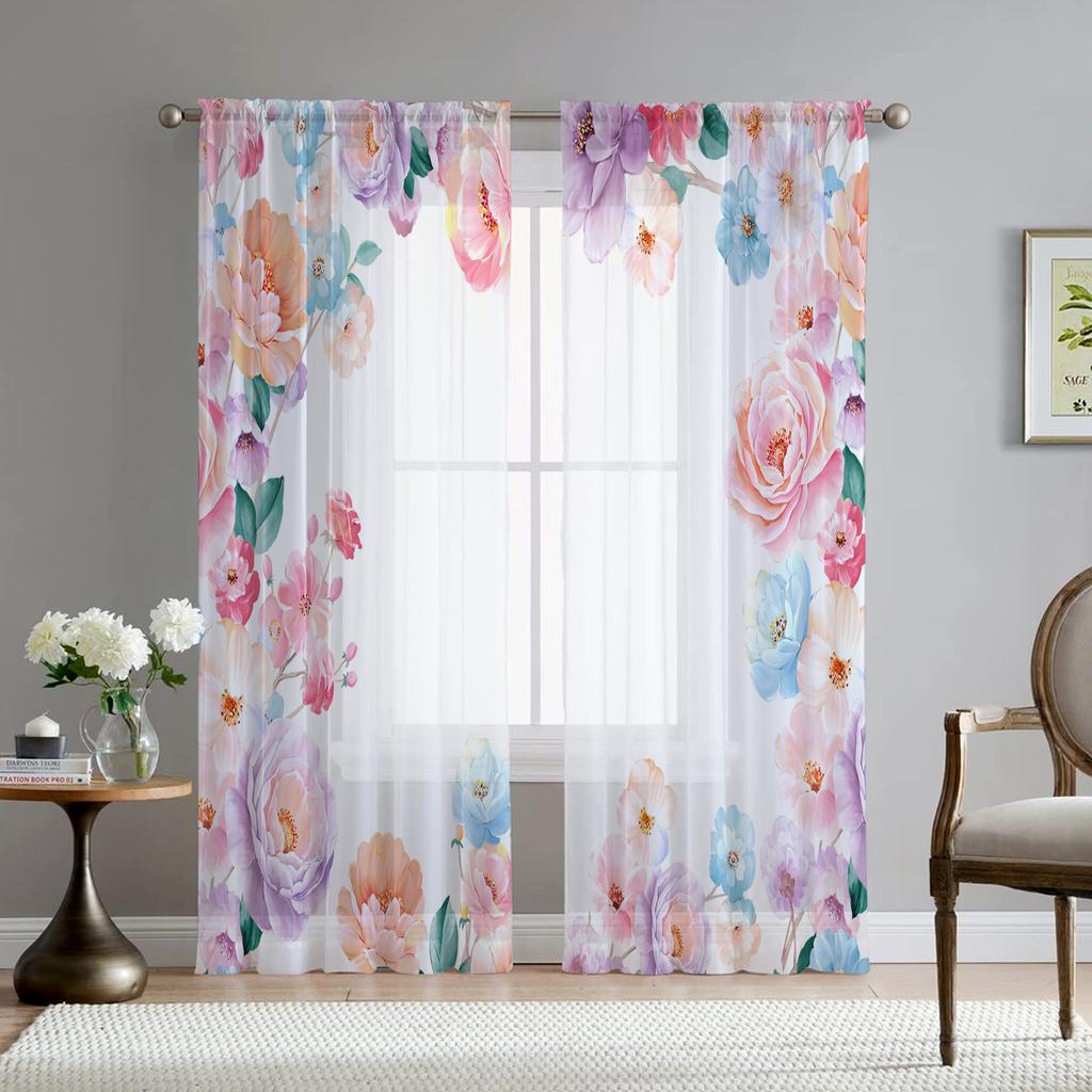 Watercolor Floral Sheer Voile Curtain For Living Room Dining Room Bedroom Drape Kitchen Window Transparent Chiffon Tulle Curtain