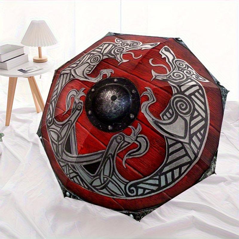1pc Viking Shield Design Umbrella - Lightweight Foldable Manual Open Compact Travel Umbrella with 8-Rib Durable Iron Frame, Re