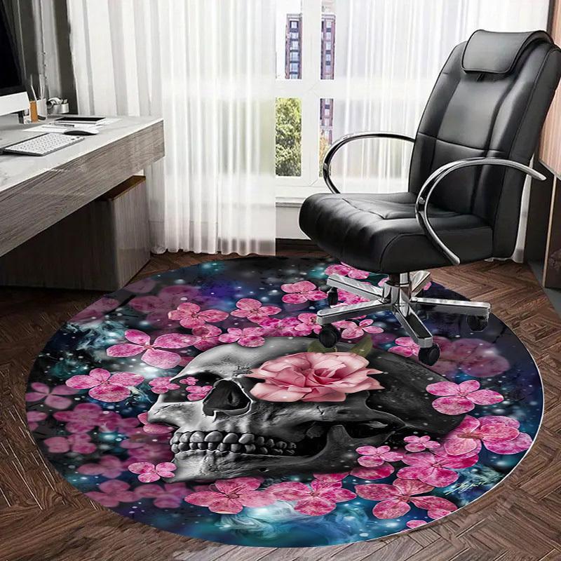 1pc Office Carpet Chair Mats Skull with Pink Flowers Circular Artwork Perfect for Decorating Office Chairss, Or Bedrooms.YDT482