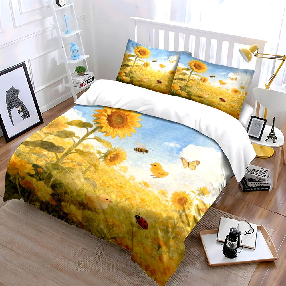 Sunflower Theme Nature Decor Set Soft Comfortable Duvet Cover Bedding Set Included 1*Duvet Cover & 2*Pillowcases, Gift