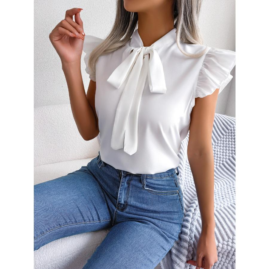 2024 Spring Summer Elegant Lace Up Butterfly Bow Tie Blouse Women Office Ruffles Hem Shirts