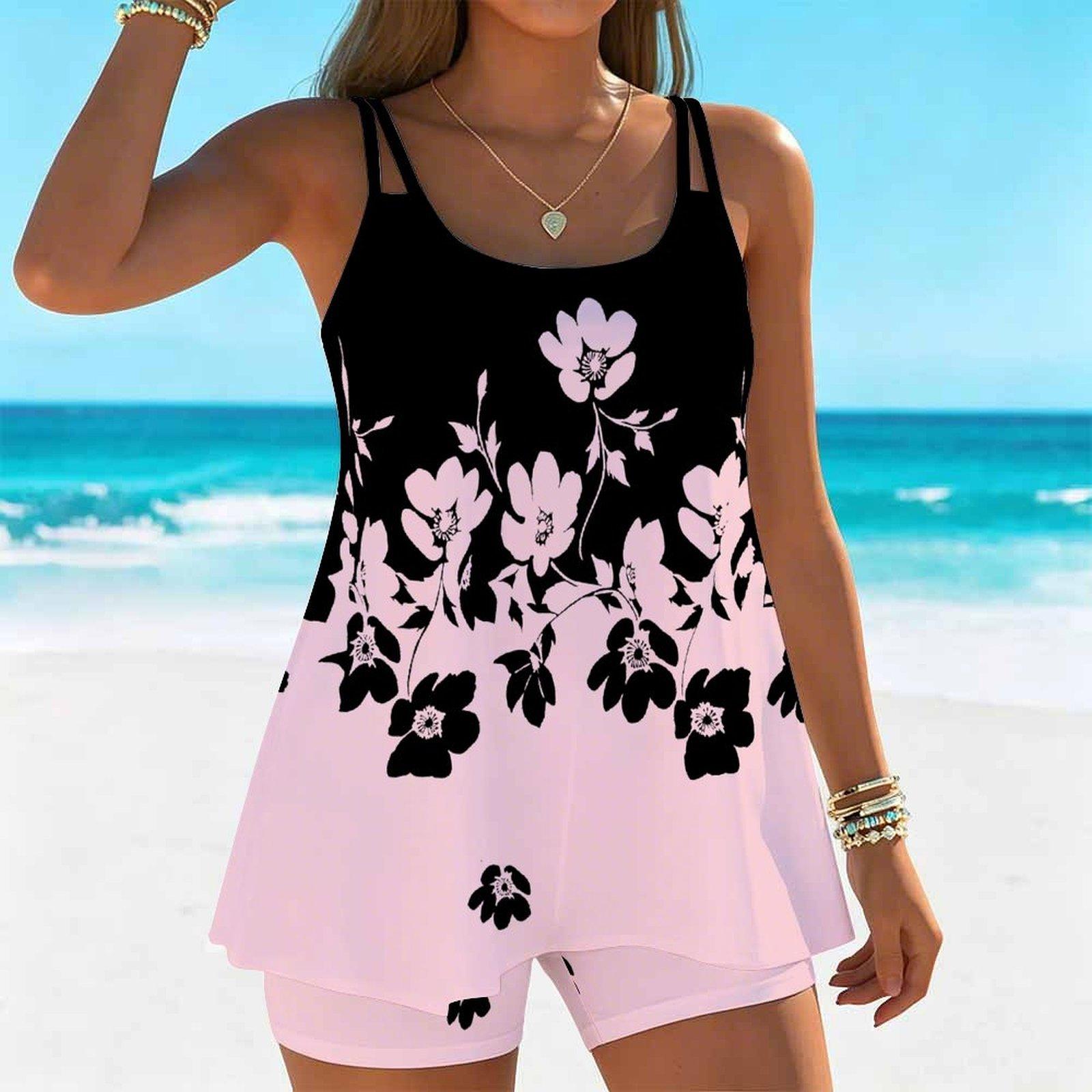 Women s Swimwear Tankini 2 Piece Swimsuit Floral Hem Pattern Vacation Bathing Suits XS