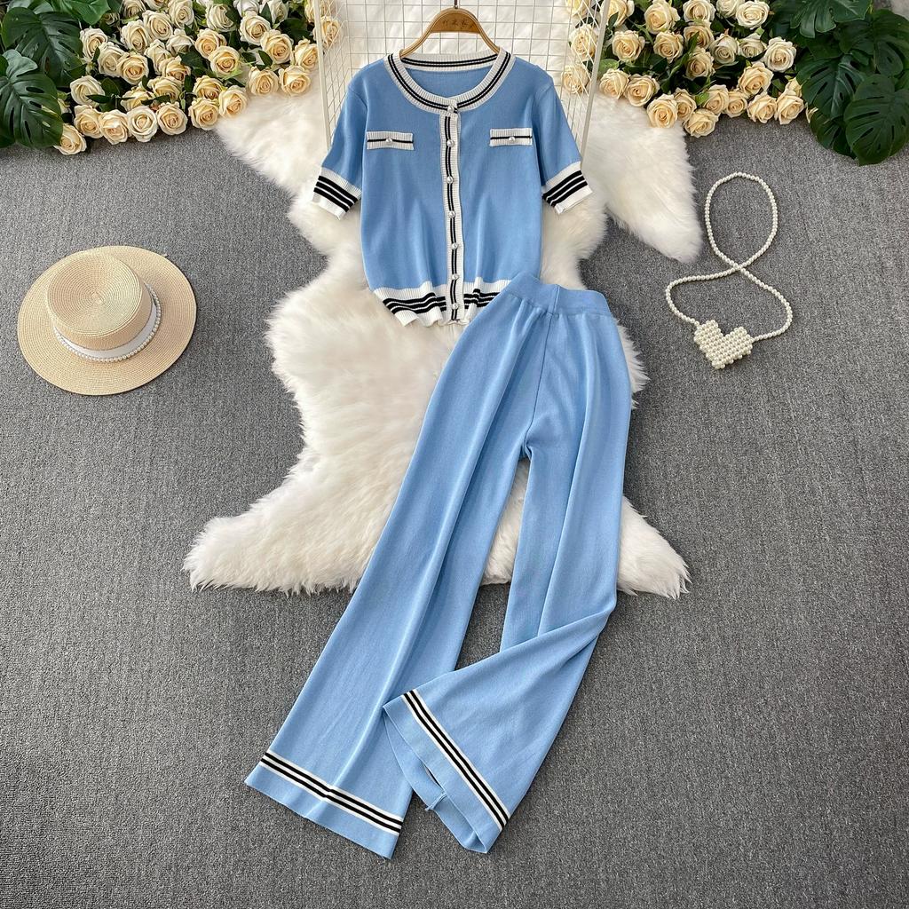 Summer Women Knitted Sweater Suit Short Sleeve Single Breasted Cardigan Top and Ankle Length Pant Two Piece Set For College Girl