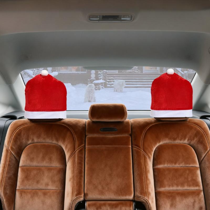

2pcs Christmas Car Seat Covers with Santa Hats - Red&White Holiday Decor, Memory Foam Headrest Protectors for Front & Back Seats