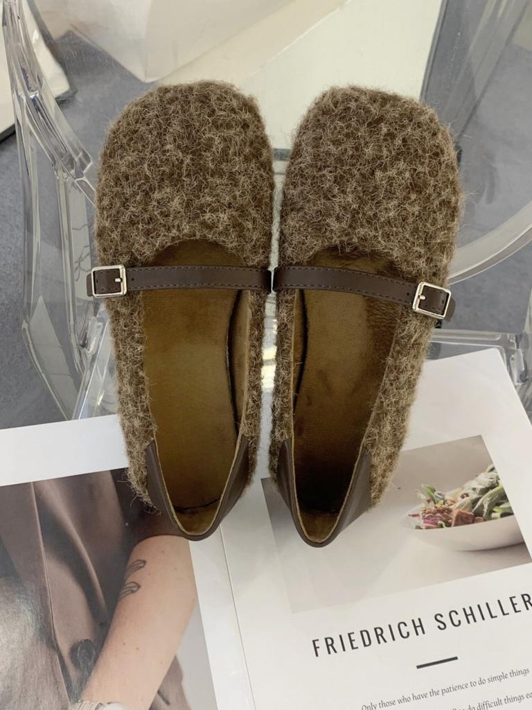 Korean version of gentle velvet one-word buckle with ballet single shoes femininity thick heel soft sole fluffy Mary Jane