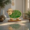 Wooden Sheep Figurine with Green Swirl Design On Stand –Cute Farm Animal Home Decor Accent for Nursery Living Room Tabletop Gift