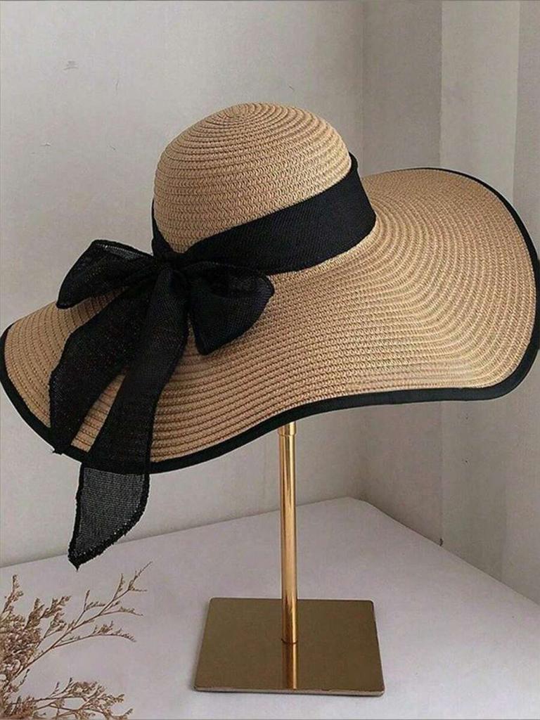 Womens Extra Large Wide Brim Straw Sun Hat With Black Bowknot Ribbon For Beach Summer Vacation
