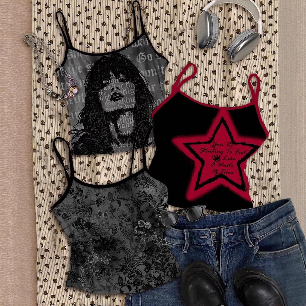 2026 Summer Red & Black Star Print Spaghetti Strap Slimming Tank Top for Women