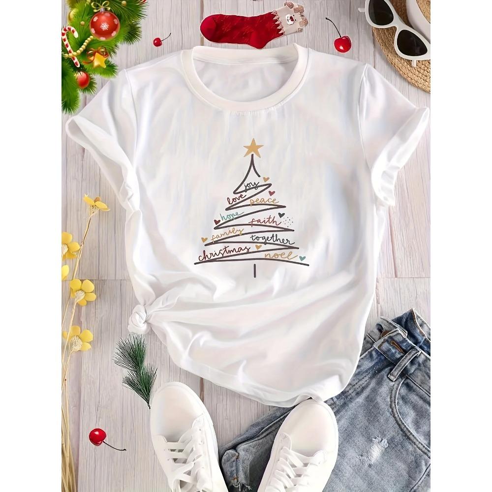 Womens Cute Christmas Tree Snowflake Print TShirt Festive Holiday Tee Xmas Tree Design Blouse Streetwear Daily Wear Clothing
