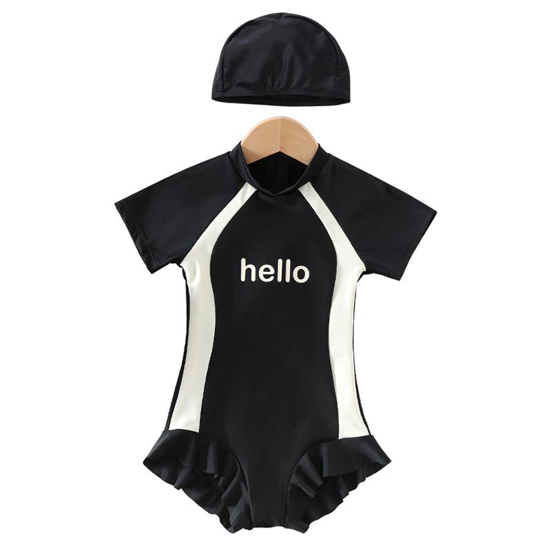 In Stock: New Girls' Quick-Drying Short Sleeve One-Piece Swimsuit with Sun Protection