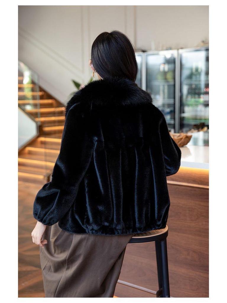 Women's Fashion Faux Mink Fur Coat with Large Collar and Velvet Detailing