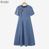 ZANZEA Women Casual Round Neck Summer Short Sleeve Elegant Dress