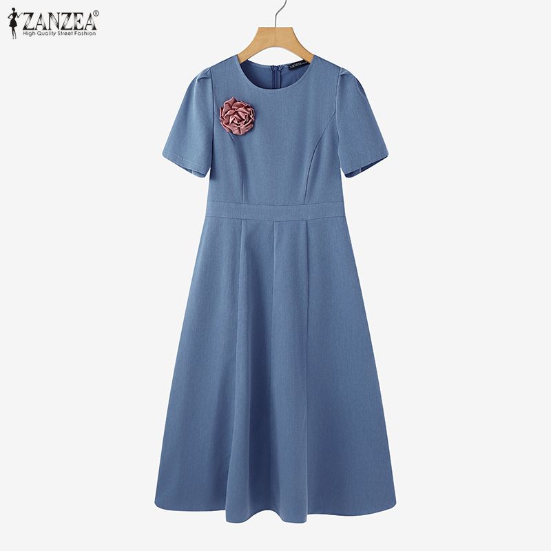 ZANZEA Women Casual Round Neck Summer Short Sleeve Elegant Dress