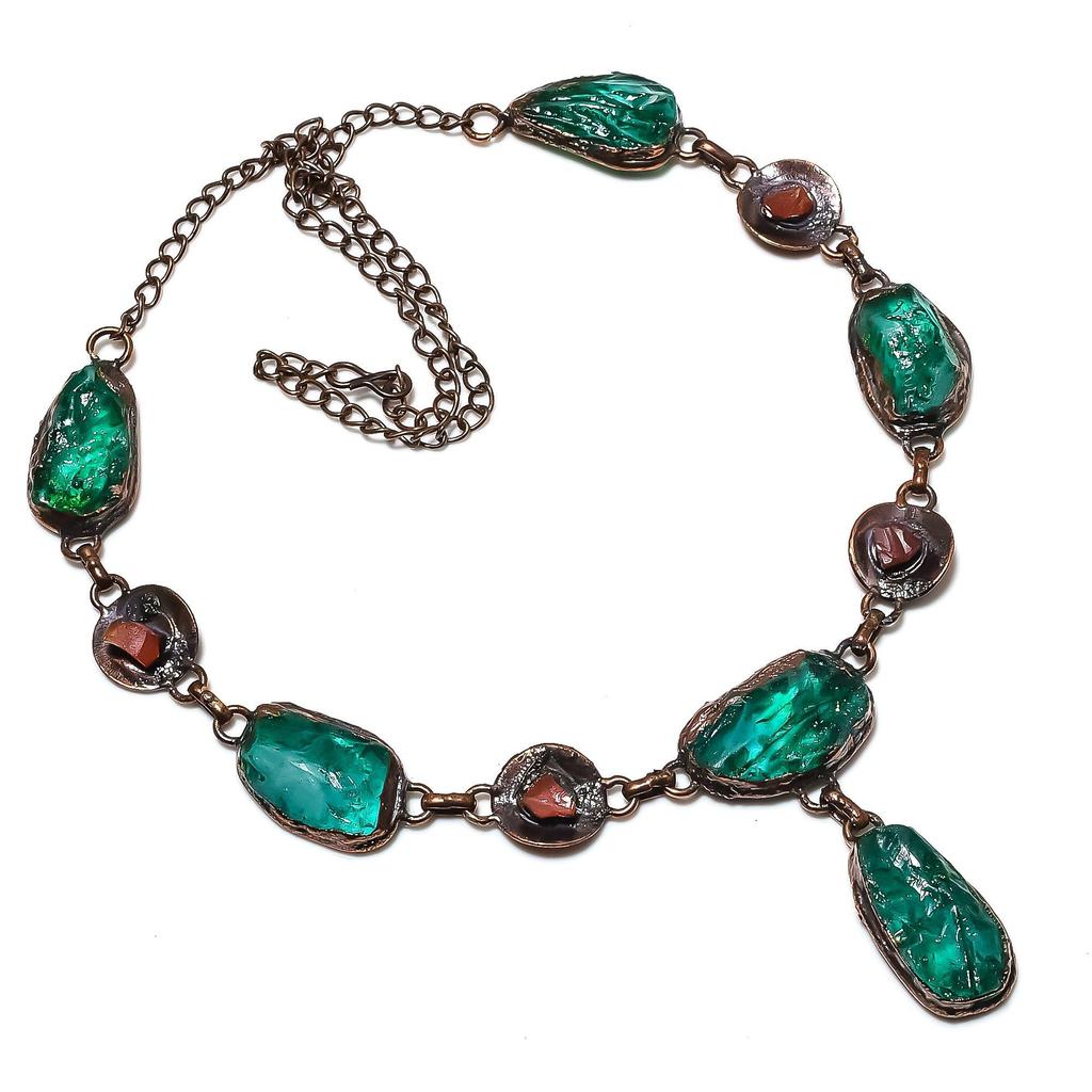 Collier de Pierres Précieuses Émeraude et Cornaline Fait Main, Collier Électroformé en Cuivre Bijou Antique, Collier Réglable Cadeau de Fiançailles