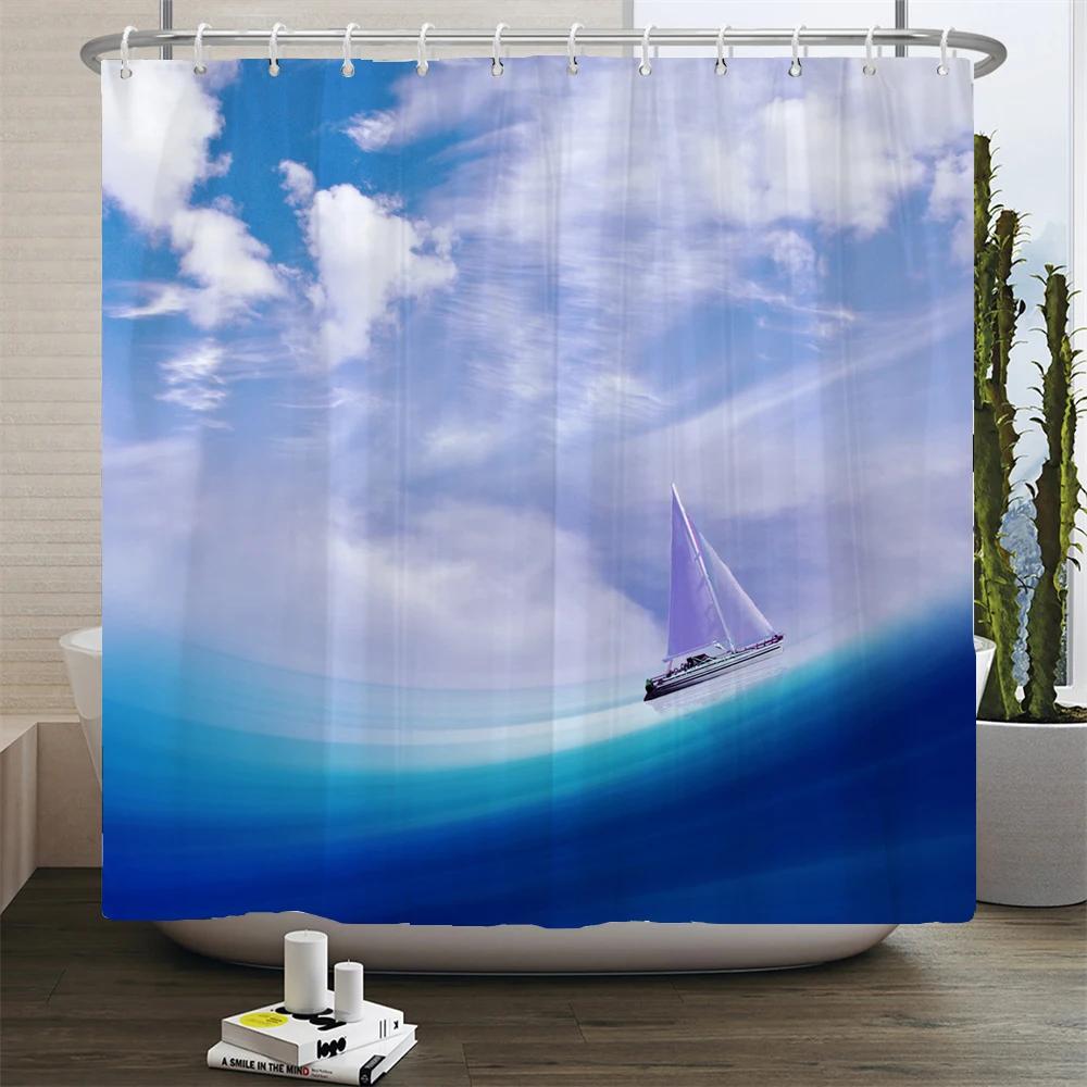 Sailboat Waterproof Bathroom Shower Curtains Sea Navigation Bath Curtains 3d Printing With Hooks 180*180cm Washable Cloth