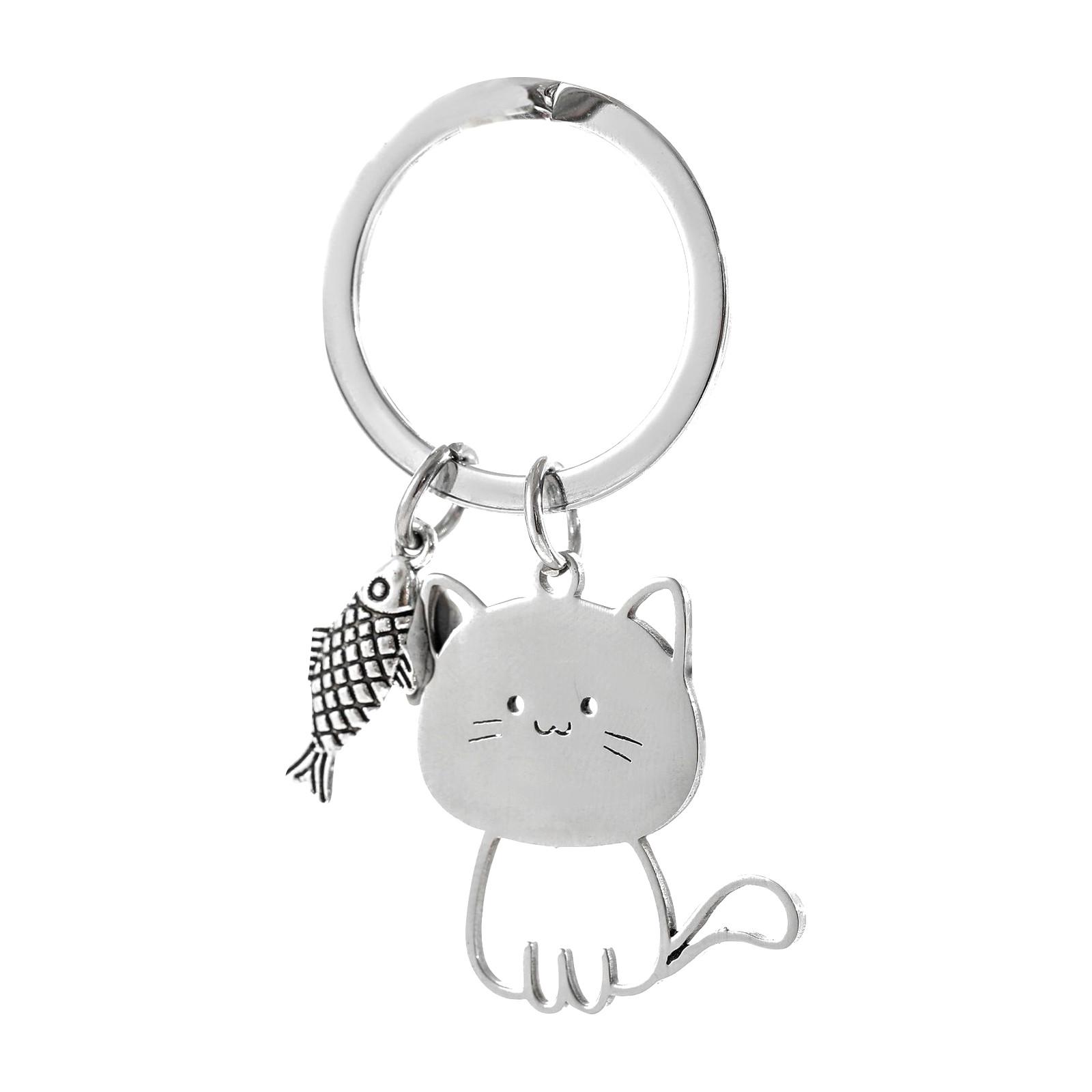 

Брелок для ключей из нержавеющей стали с изображением кошки, едящей рыбу, милый мультяшный брелок для ключей с изображением кошки One Size