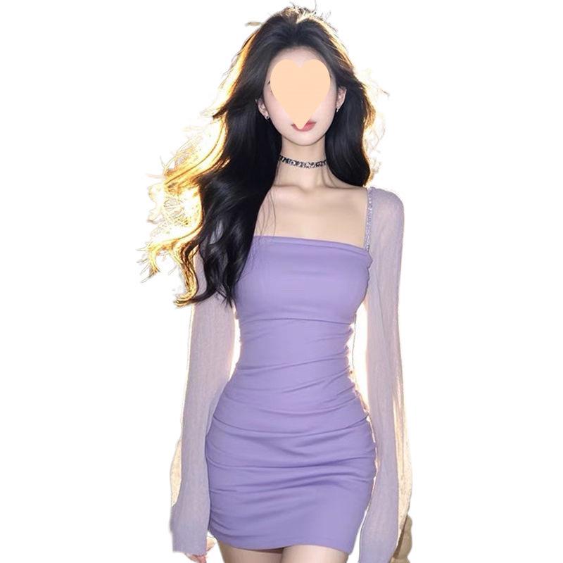 Niche Korean Square Neck Mesh Purple Long Sleeve Dress - 2025 Women's Style, Waist-cinching, Hip-hugging Skirt.