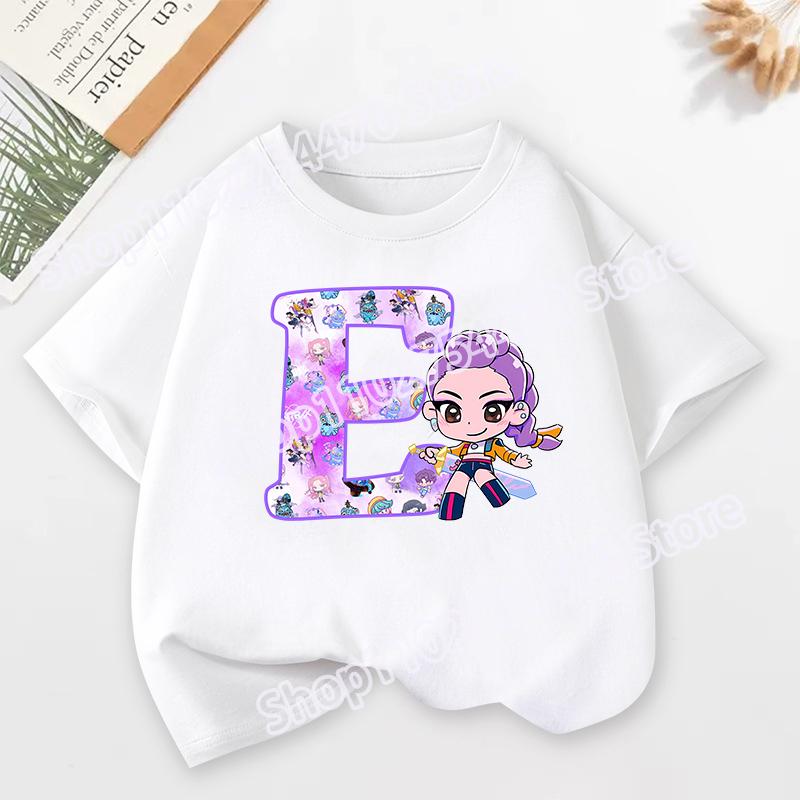 KPop Demon Hunters Child Short Sleeve T-shirt Cartoon Rumi Mira Zoey A-Z Print Cotton Tops Kawaii Summer Casual Tees Kids Gifts
