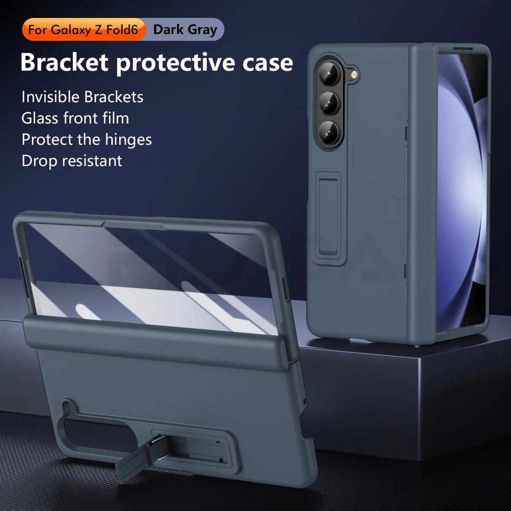 Luxuriöse Ultra Dünne Hautgefühl Halterung Hülle Faltbares Scharnier mit Gehärteter Folie Hartschalen Zubehör für Samsung Galaxy Z Fold 6 5 4 3 Ständer mit Halter