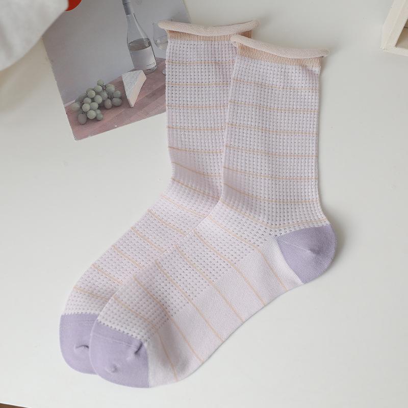 

Women s Summer Thin Mesh Stripe Boneless Curled Loose Middle Tube Stack Socks 1 pair светло-фиолетовый
