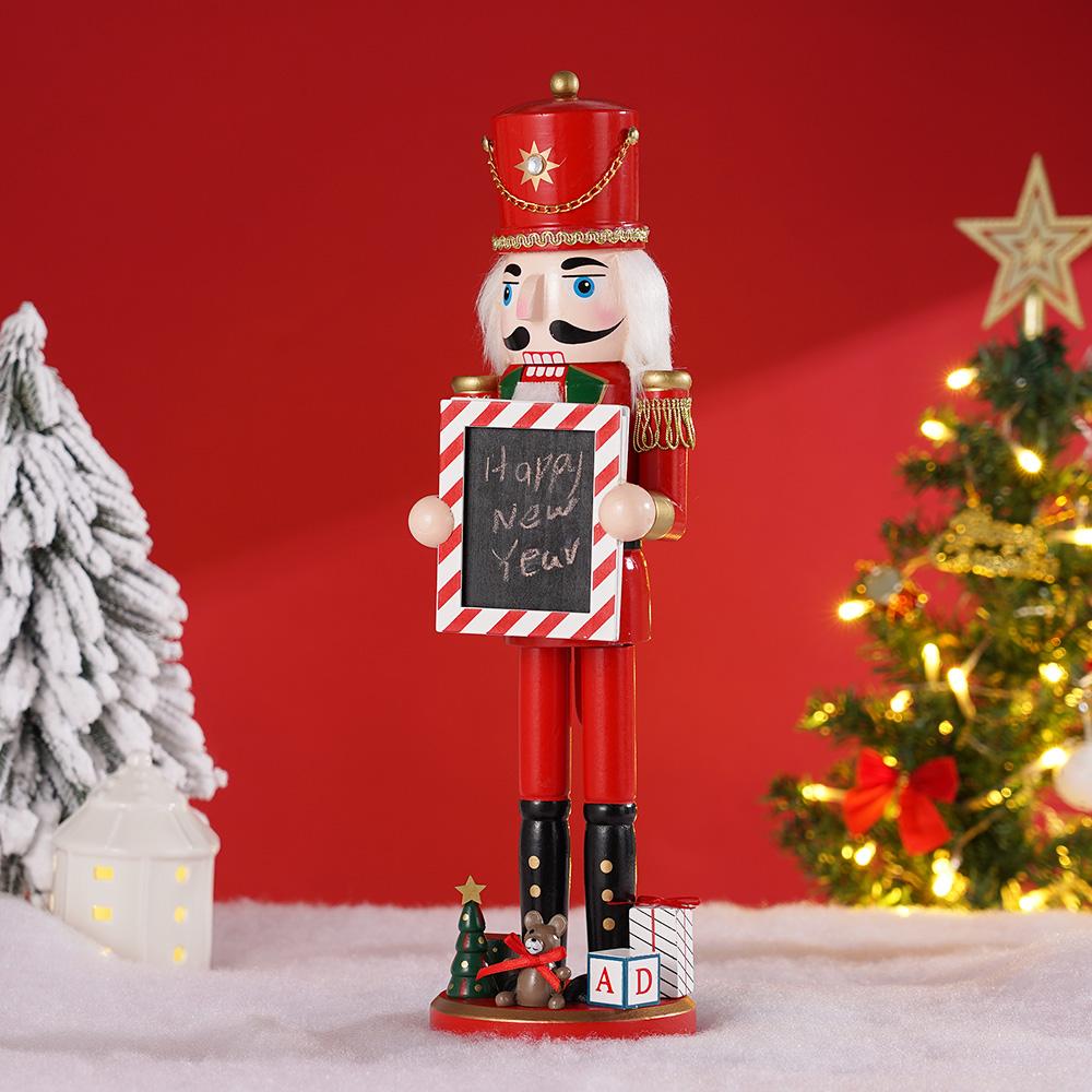38CM Christmas Nutcracker Wooden Nutcracker Ornament Handwriting Soldier Figure Doll Home Office Desktop Xmas Decoration Gift