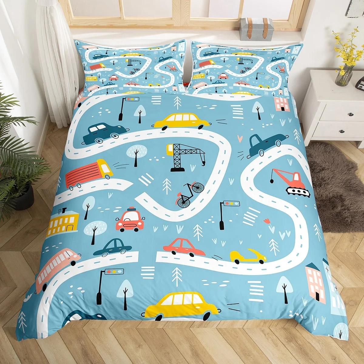 

Cartoon Truck Duvet Cover Twin, City Landscape Bedding Set, Hand Drawn Cartoon Vehicles City Map Railway Train Comforter Cover EU Single(135x200cm)