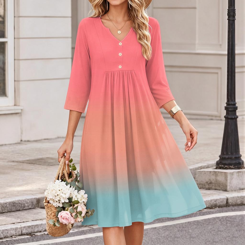 Women's V Neck Casual Three Quarter Sleeve Gradient Print Dress