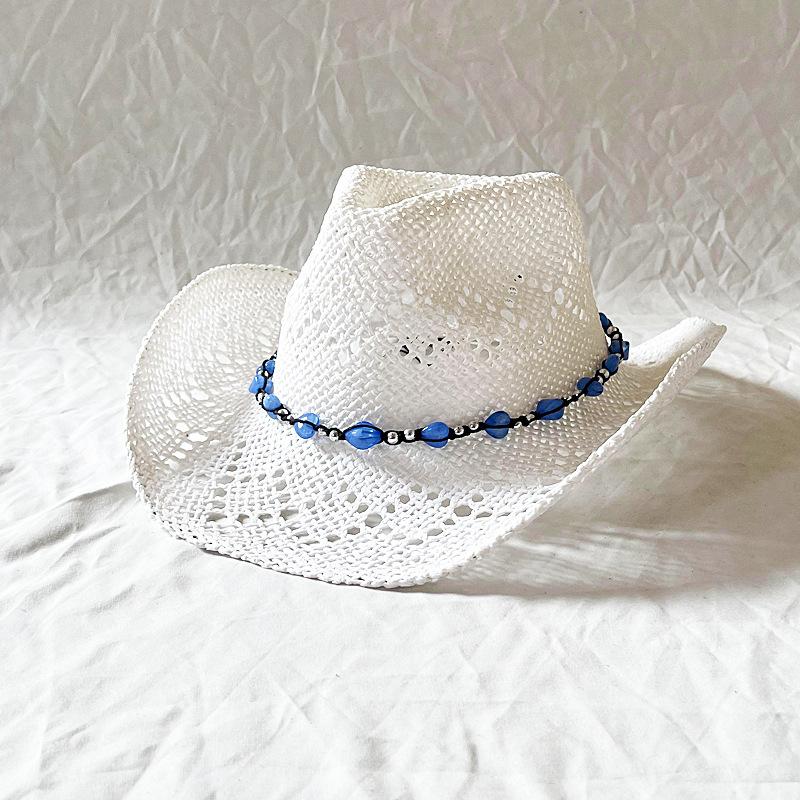 Handmade Hollow Out Cowboy Hat Love Bead Embellished Rolled Brim Western Summer Beach Sun Hat for Women