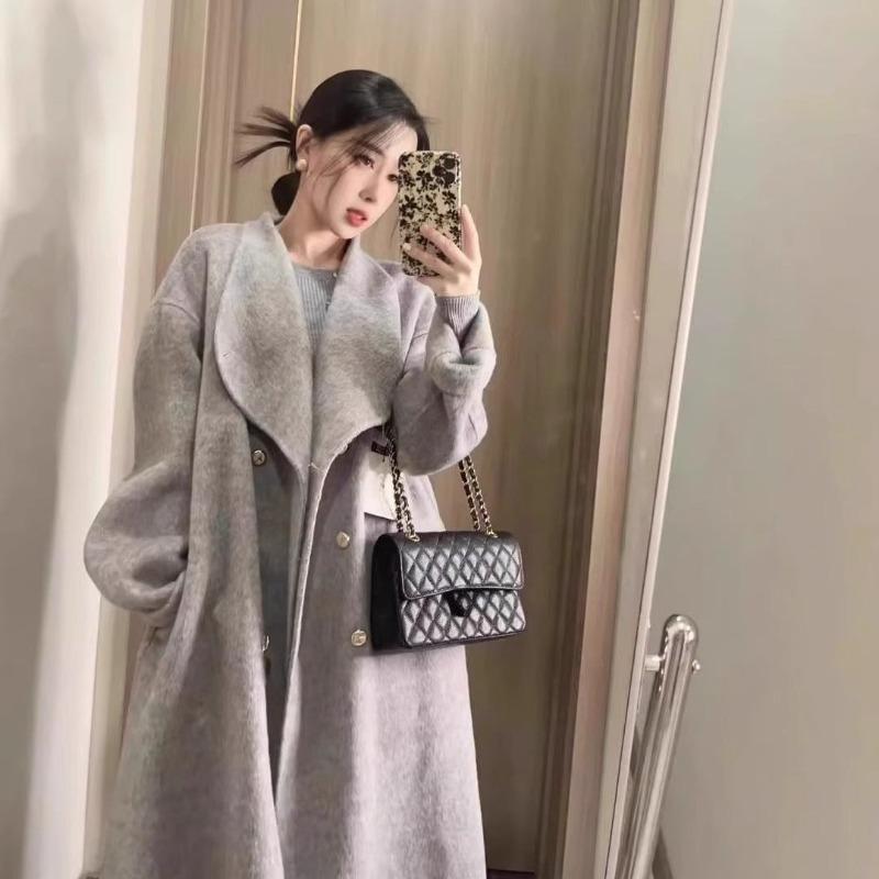 Women Grey Stand Collar Autumn Winter Loose Wool Coat with Double Buttons Clothes