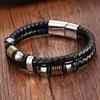 Men's Lucky Bead Bracelet Black Leather Cord Punk Retro Hip Hop Streetwear Stainless Steel Wristband
