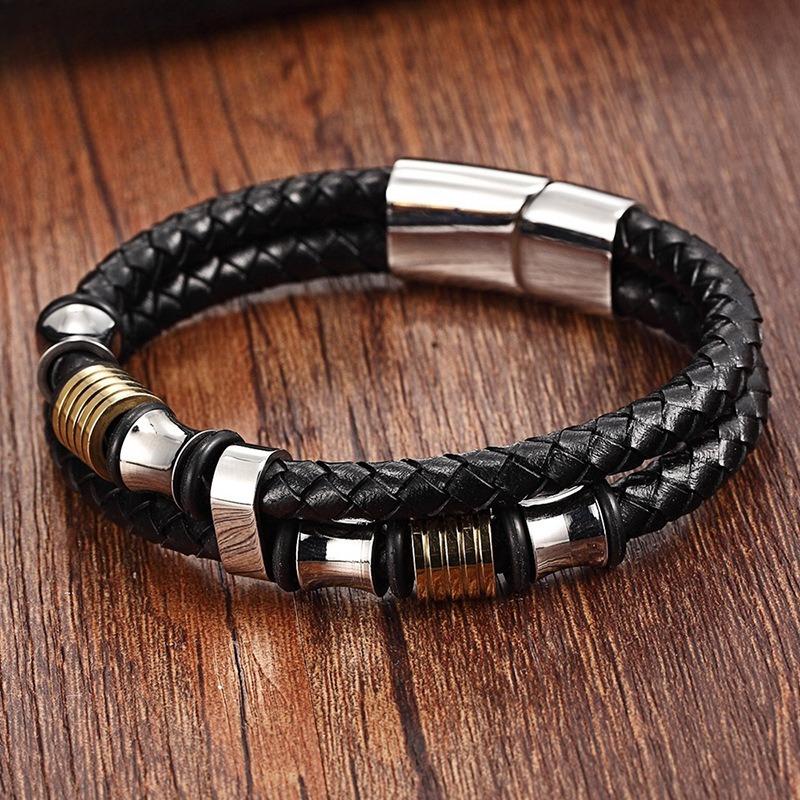 Men's Lucky Bead Bracelet Black Leather Cord Punk Retro Hip Hop Streetwear Stainless Steel Wristband