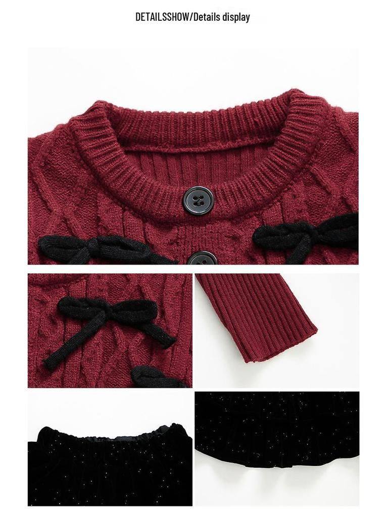 Girls' 2025 Autumn/Winter Knitted Cardigan and Velvet Skirt Set with Sweet Bow Cape