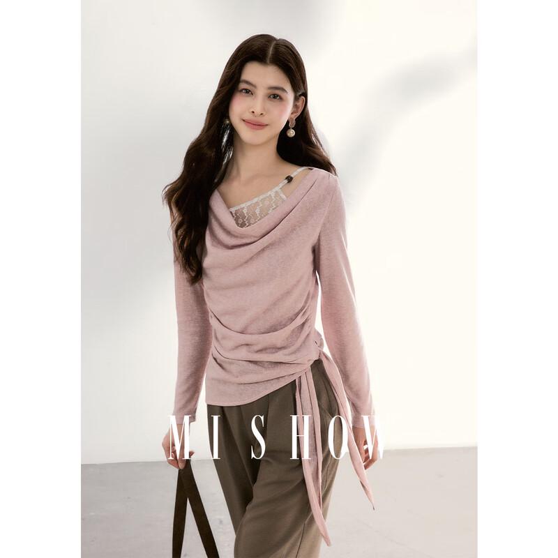 Mishow Women s Faux Two-Piece Lace Drape Neck Knit Top M