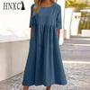 HNXC Women's Fashion Summer Spring Solid Color Print Short Sleeve O-Neck High Waist Casual Dresses