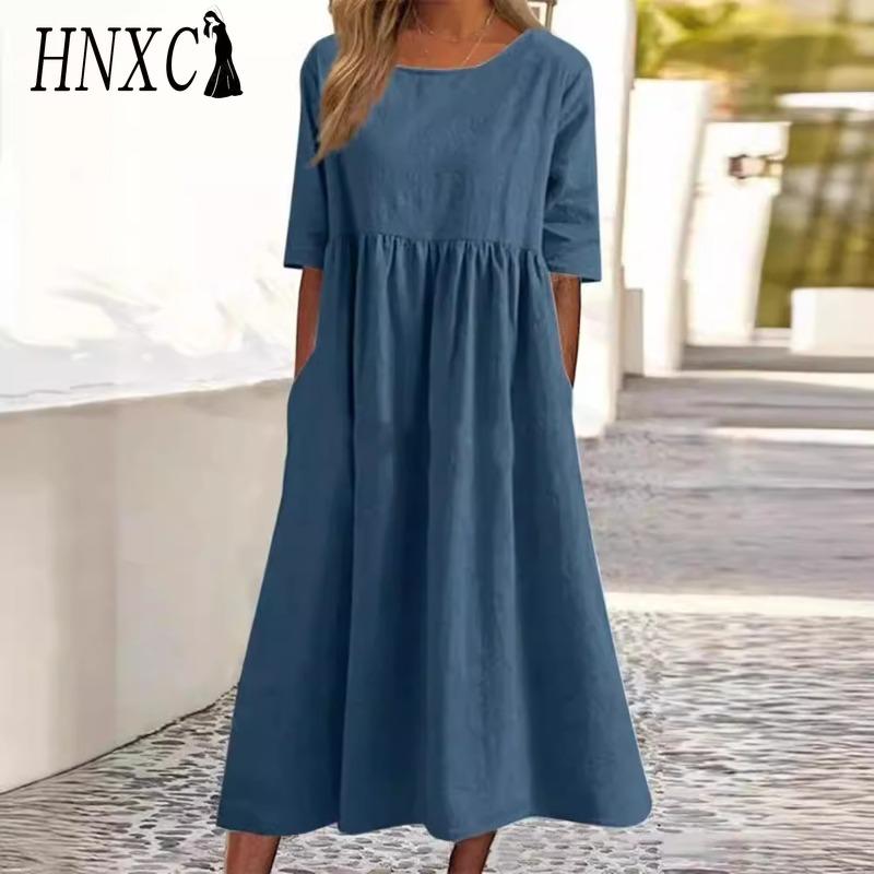 HNXC Women's Fashion Summer Spring Solid Color Print Short Sleeve O-Neck High Waist Casual Dresses