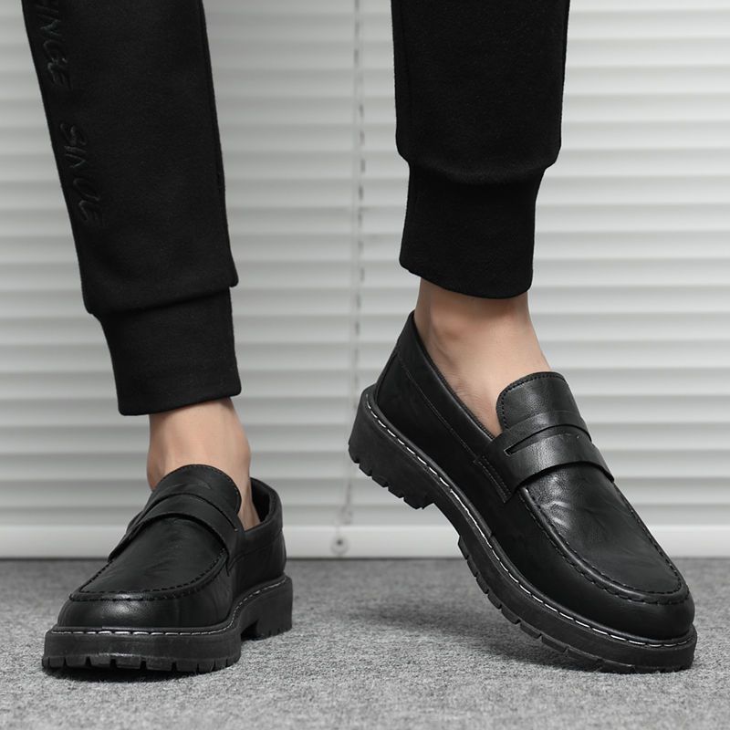 Black Thick Sole Height Increasing Round Toe Men's Leather Loafers Shoes Elegant Retro Low Price Slip-on Male Casual Shoe Sale