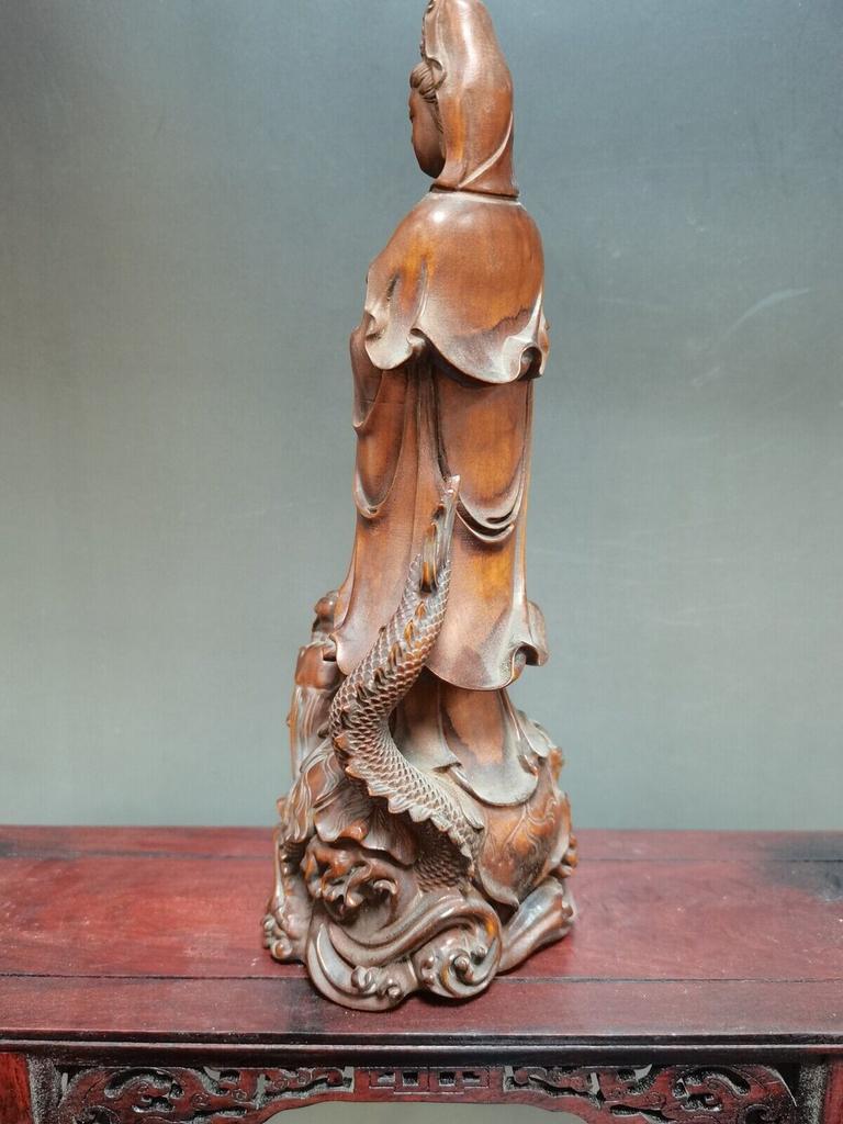 Chinese Antique Boxwood Carved Dragon Kwan Yin Statue Home Decor Sculpture Art