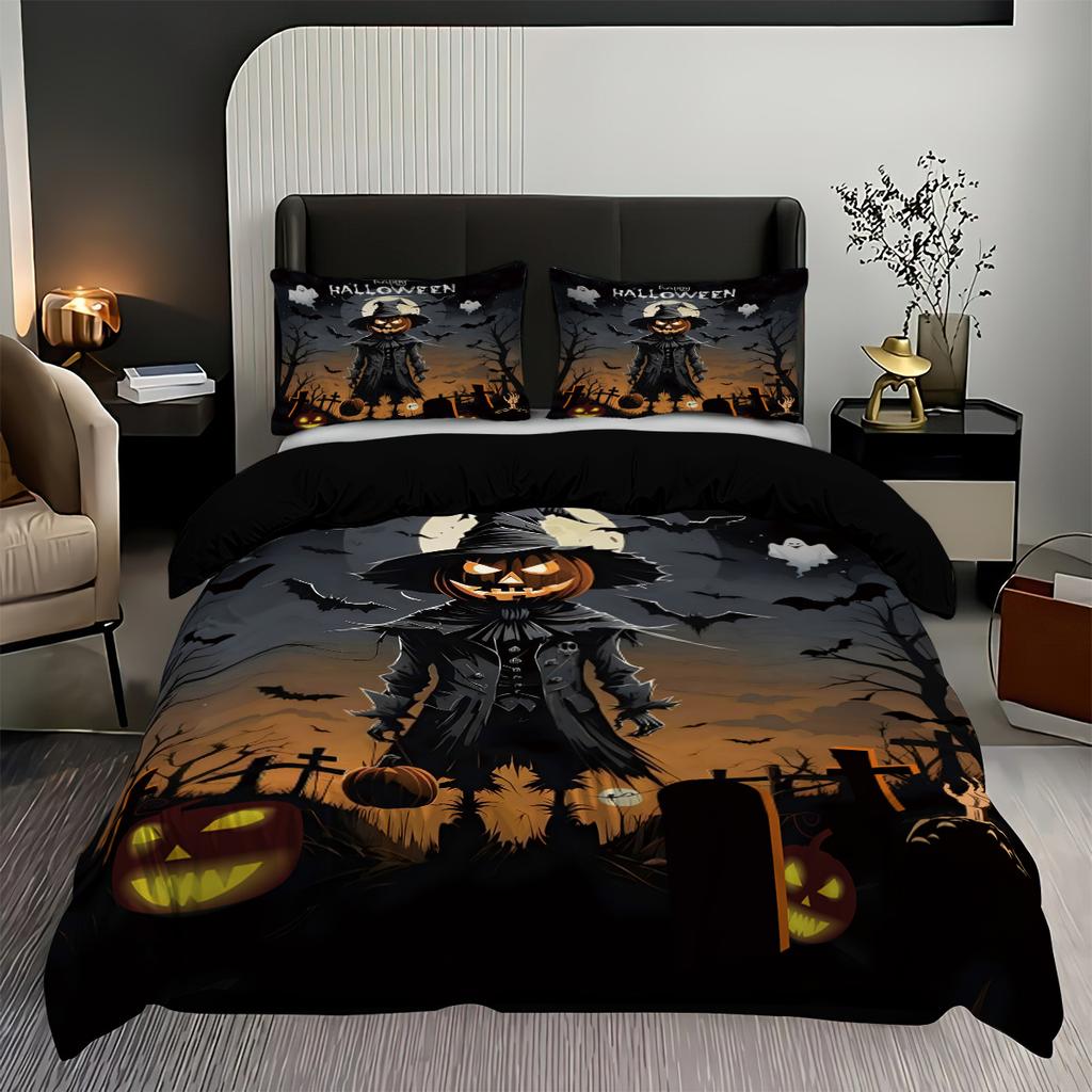 3PC Halloween Horror Pumpkin Printed Bedding Set Coreless Soft, Comfortable, Bedroom Dormitory, Multiple Sizes, Machine Washable