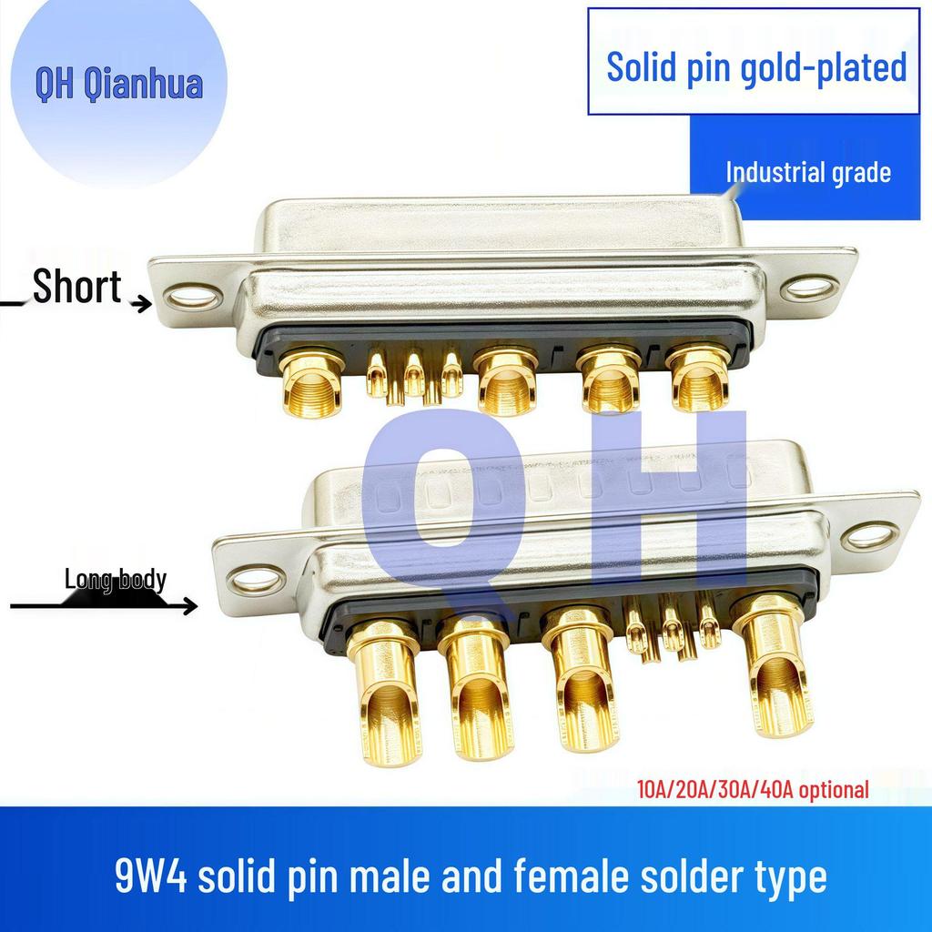 Gold-Plated 9W4 Male/Female Solid Pin High Current D-Sub Connector, Solder Type Plug
