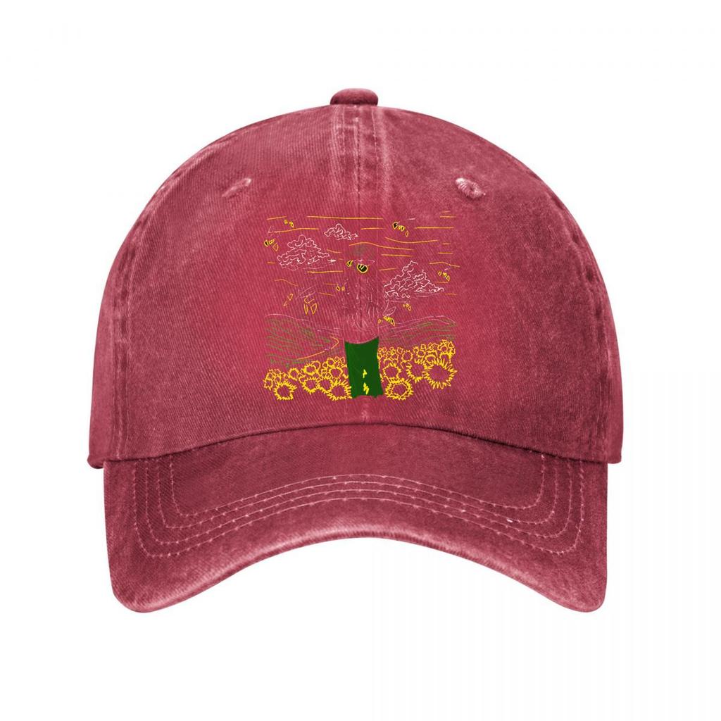 Van Gogh Style Sunflower Field Neon Line Art Print Washed Baseball Cap Outdoor For Womens Unisex FeUnisex