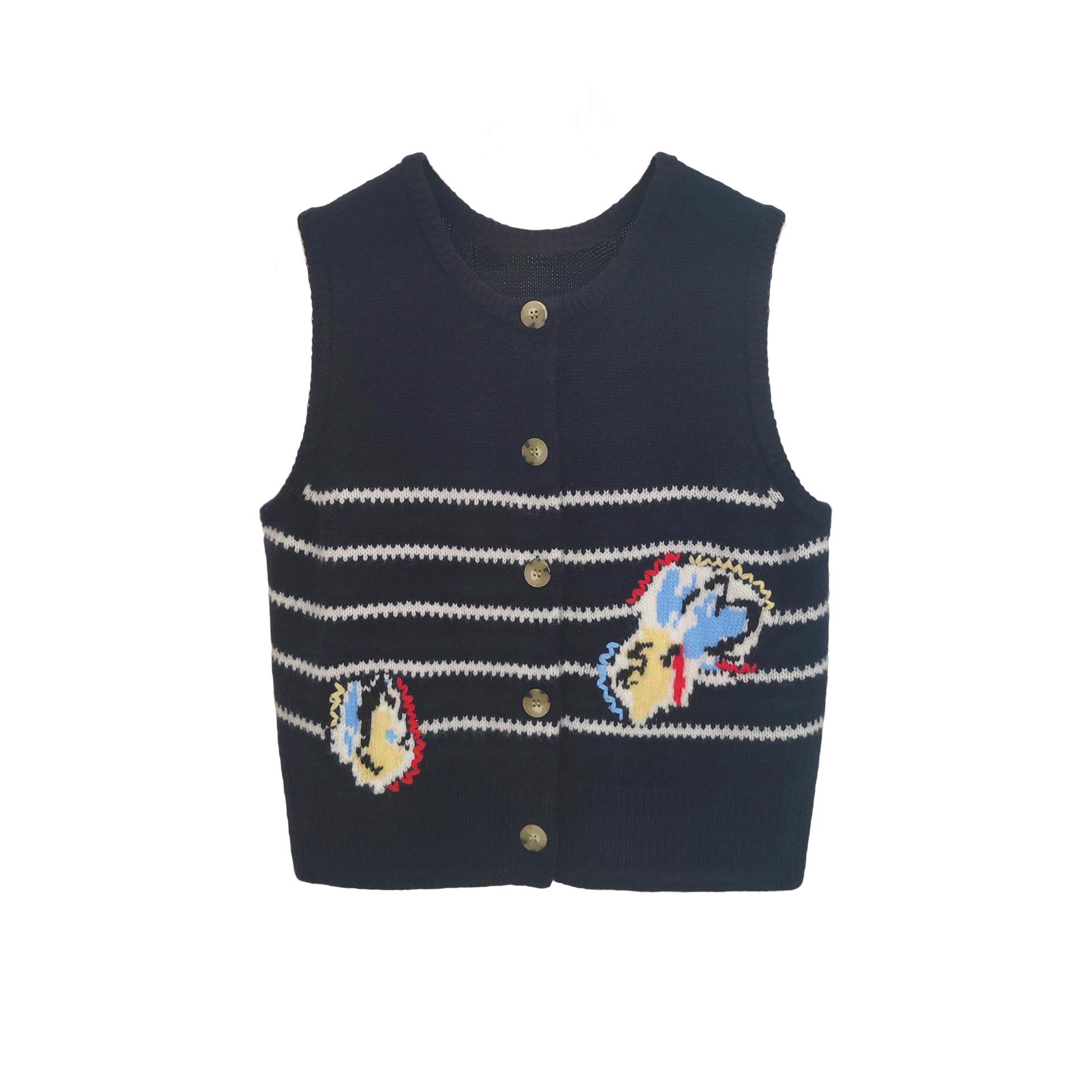 

2024 Autumn/Winter Women s Casual Loose Jacquard Embroidered Knitted Wool Vest Large темно-синий