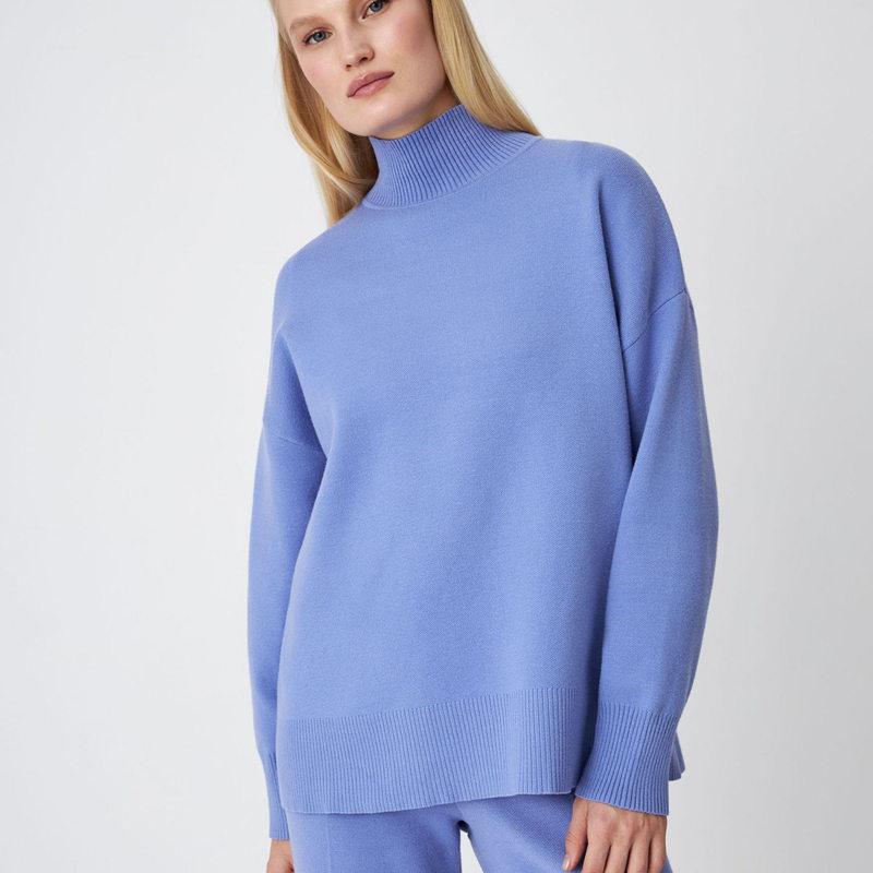 Women Autumn Winter Long Sleeve Half High Collar Solid Color Sweater Set Loose Fit Casual Two Piece Suits