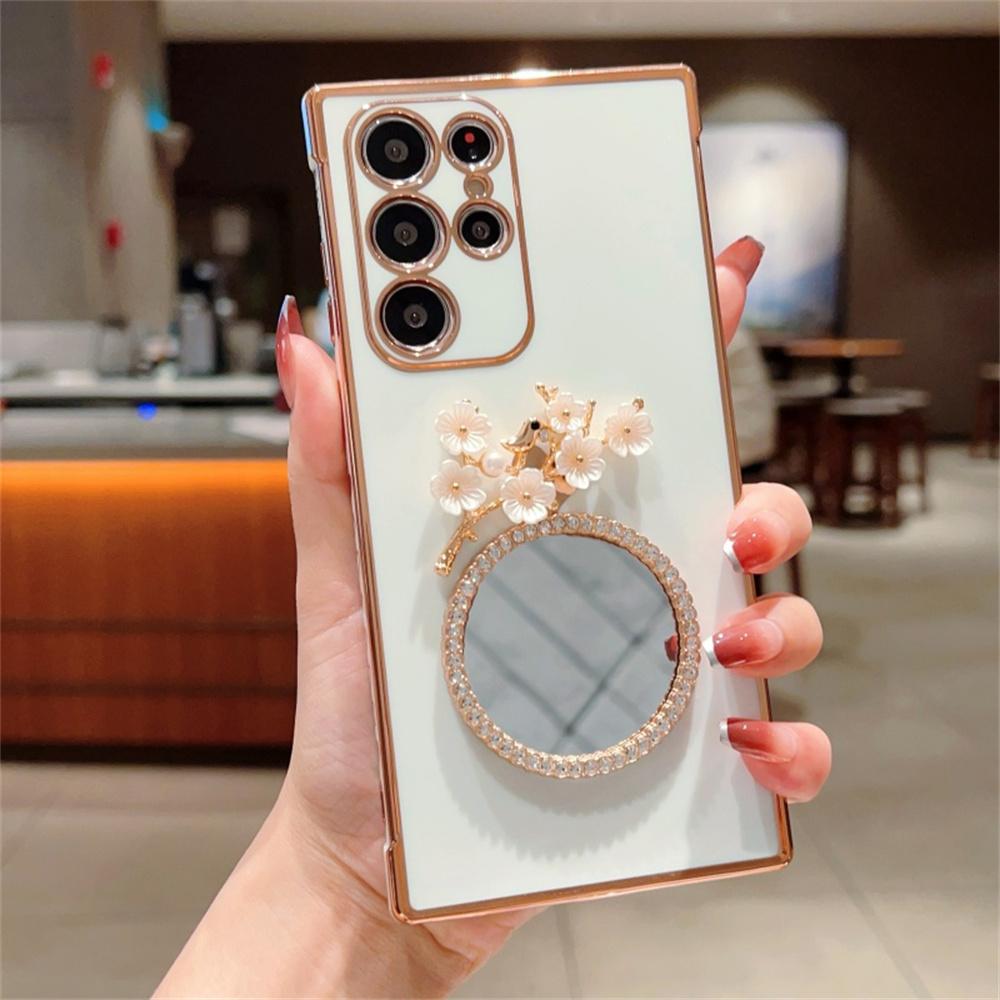 For Samsung Galaxy S24 Ultra Case with Plum Blossom Mirror Electroplating Edge Heart Pattern TPU Phone Cover