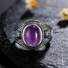 Vintage Carved Pattern Oval Purple Stone Rings, Amethyst Gemstone CopperPlating Ring, Women's Boho Fashion Jewelry Cross-Border