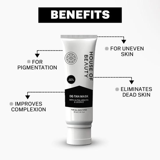 HOUSE OF BEAUTY De Tan Mask with Fuller's Earth and Alpha Arbutin Reduce White Heads , Dark Spots and Pigmentation, Provide a Glowing Skin(30 Ml)