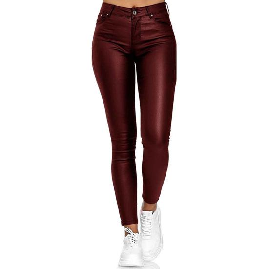 Women Pants Faux Leather Slim Casual Solid Color High Waist Elastic Small Feet Pants for Club
