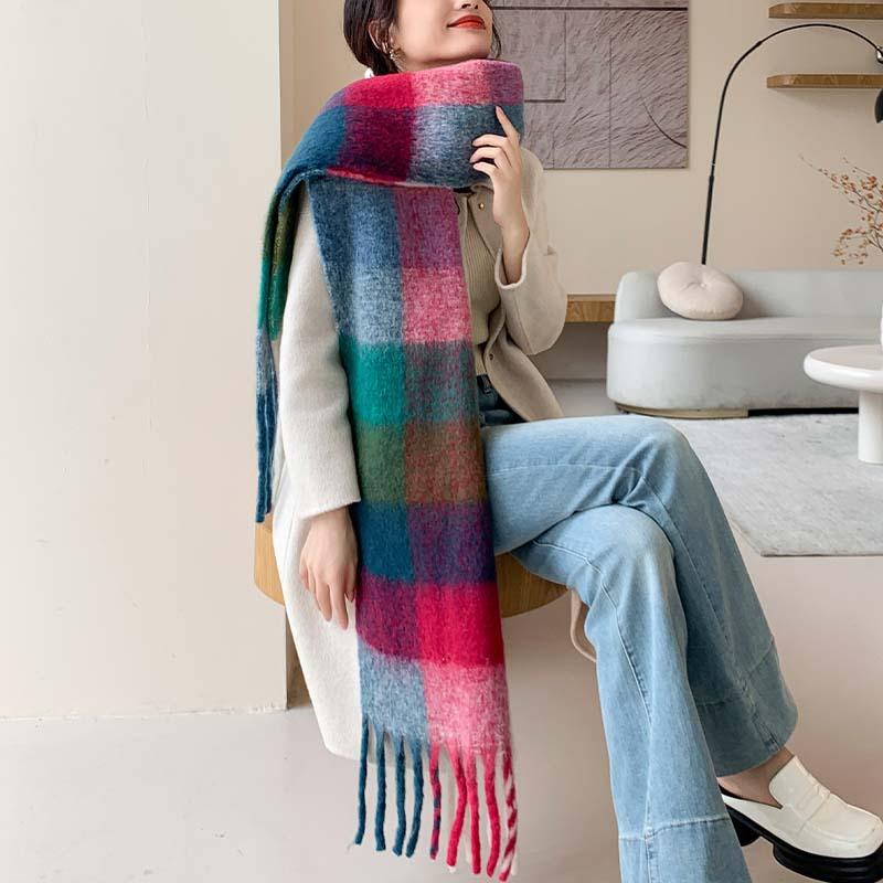 Winter New Scarf Women's Winter Thickened Warm Scarf Colored Plaid Fringed Scarf Shawl Fashionable Outer Cover