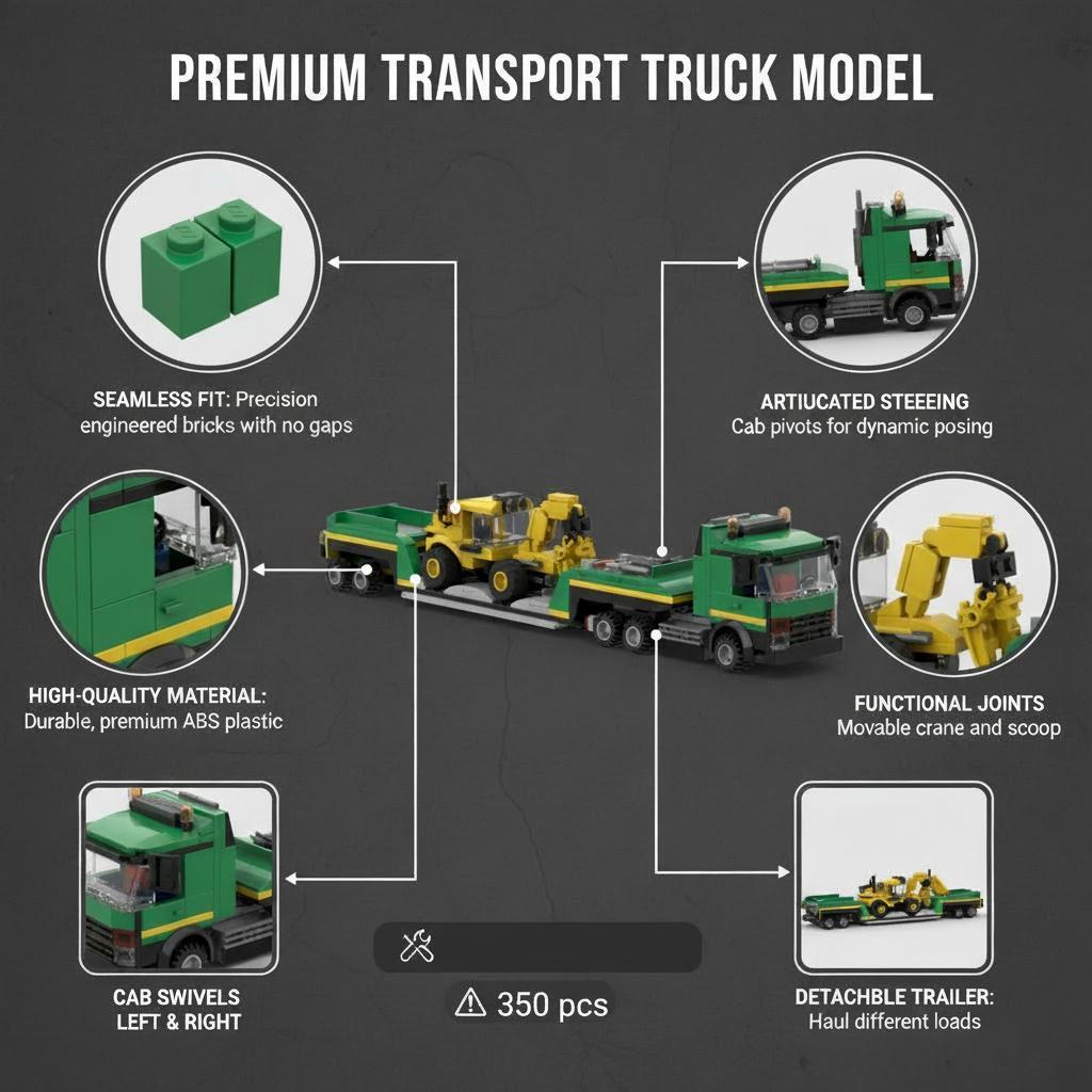 MOC Building Blocks Green Truck + Yellow Trailer Creative Gift Set Construction Vehicle Model