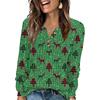 Women's Fashion V-Neck Button-Up T-Shirt With Christmas Print Long-Sleeved Top